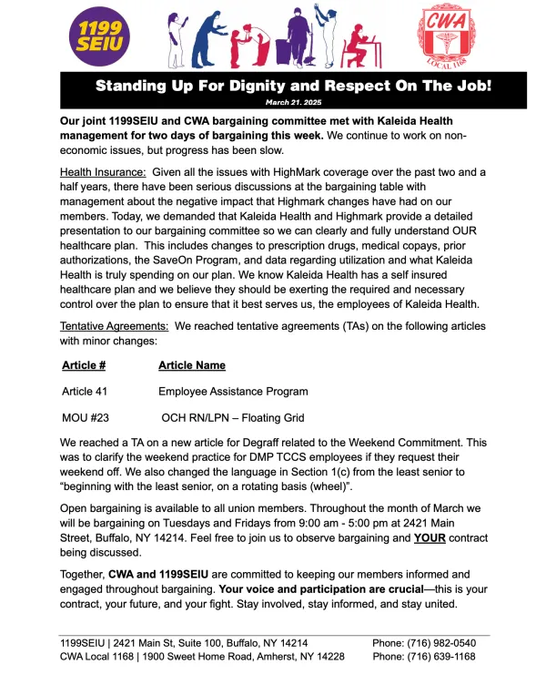 Kaleida health Bargaing Update: Week 3 | CWA Local 1168