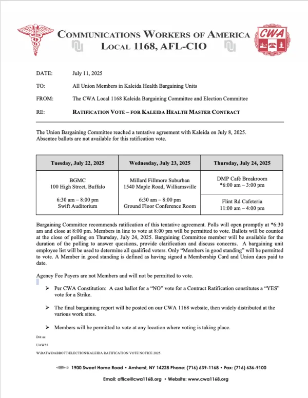 Kaleida Health Contract Ratification Announcement | CWA Local 1168