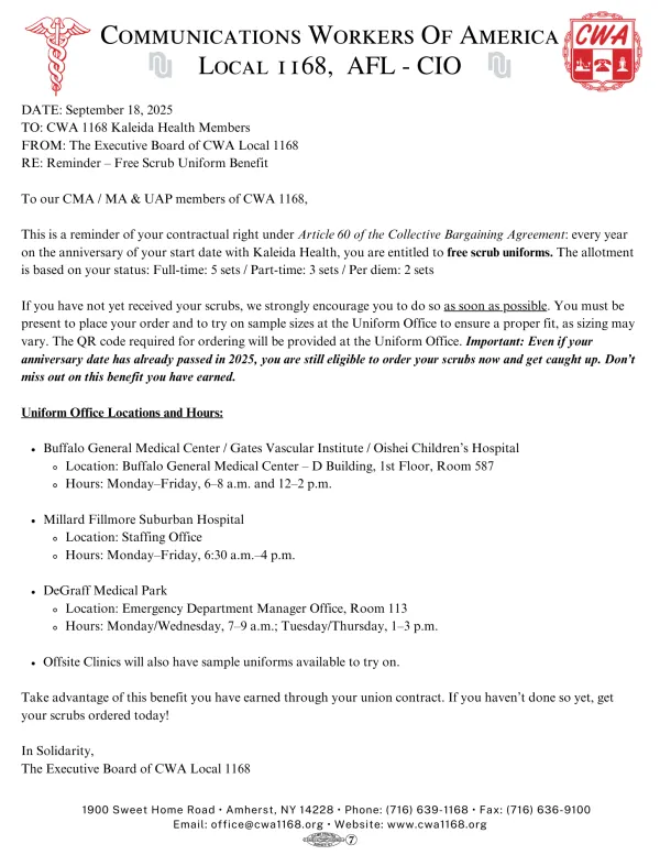 Update - UAP Scrub Uniform Contractual Alloment | CWA Local 1168