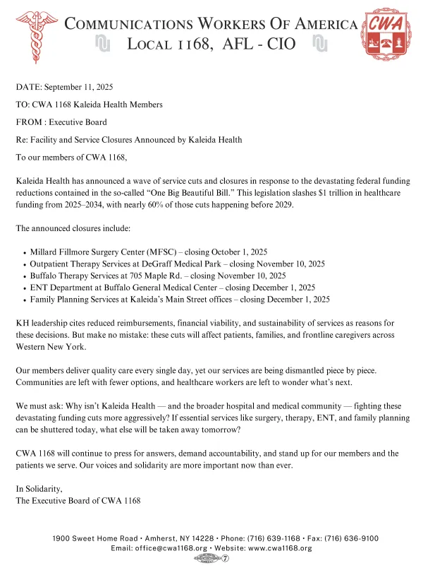 Kaleida Announces Multiple Service Line Closures | CWA Local 1168