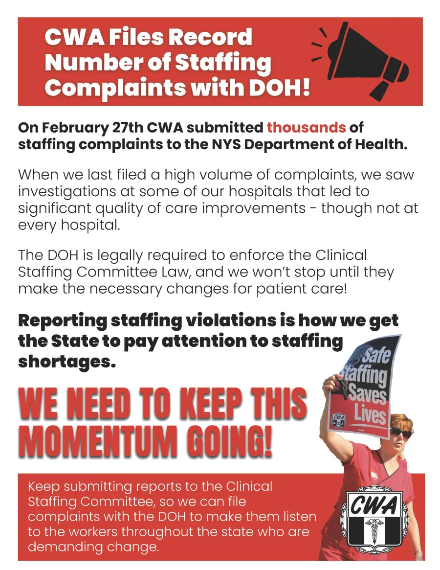 CWA Files Record Number of Staffing Complaints with NYSDOH