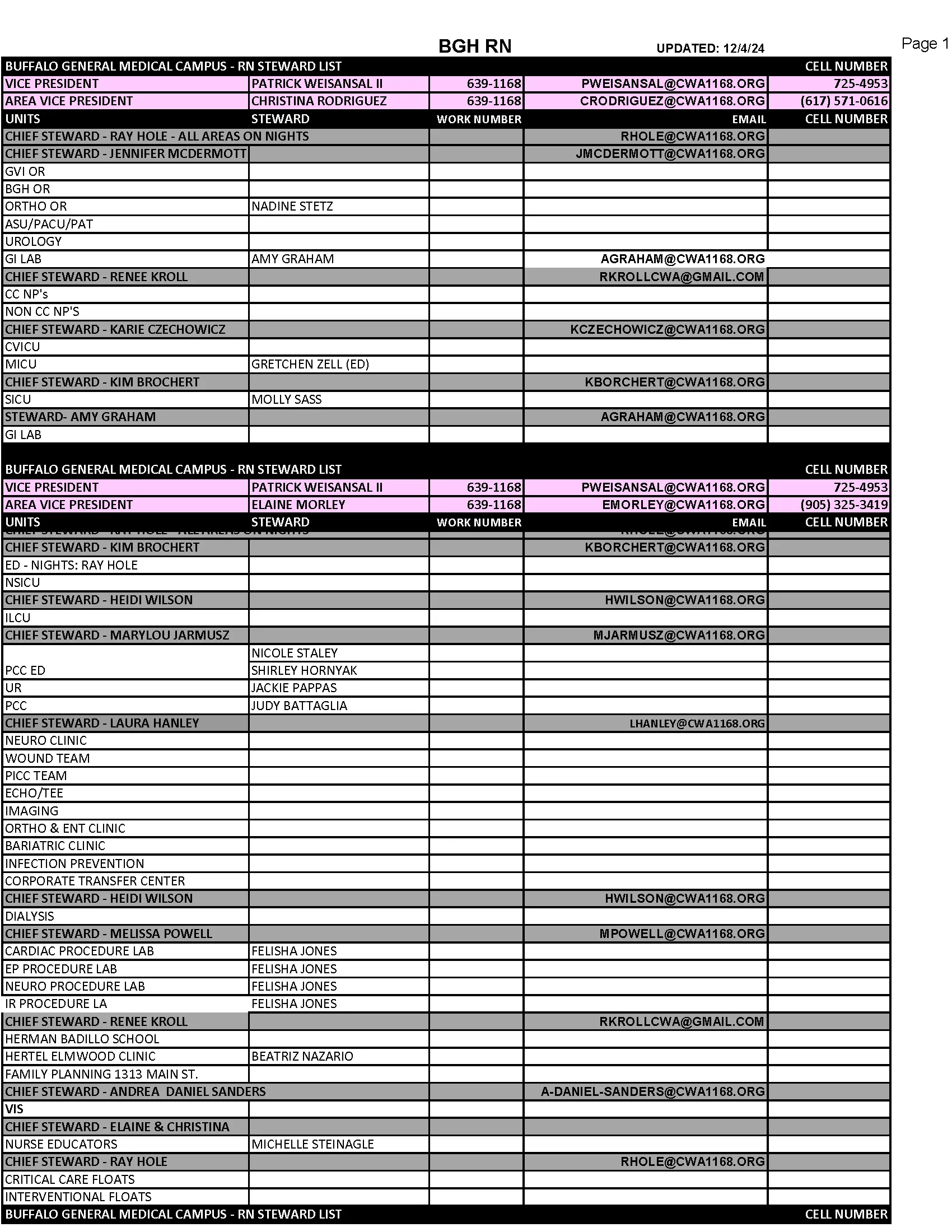 BGH RN Stewards List